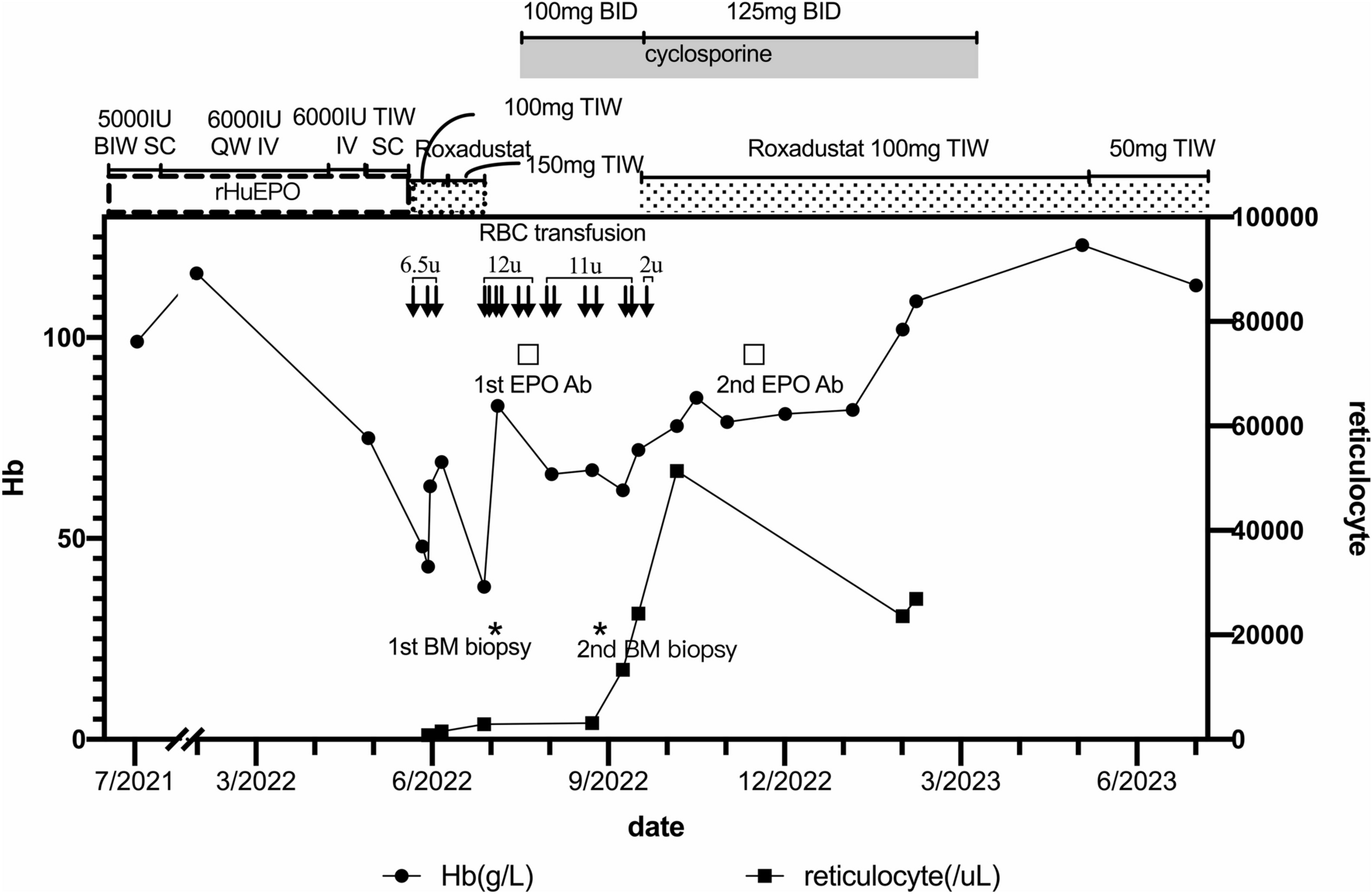 Positive response of a hemodialysis patient with pure red cell aplasia on recombinant human erythropoietin therapy to cyclosporine and Roxadustat