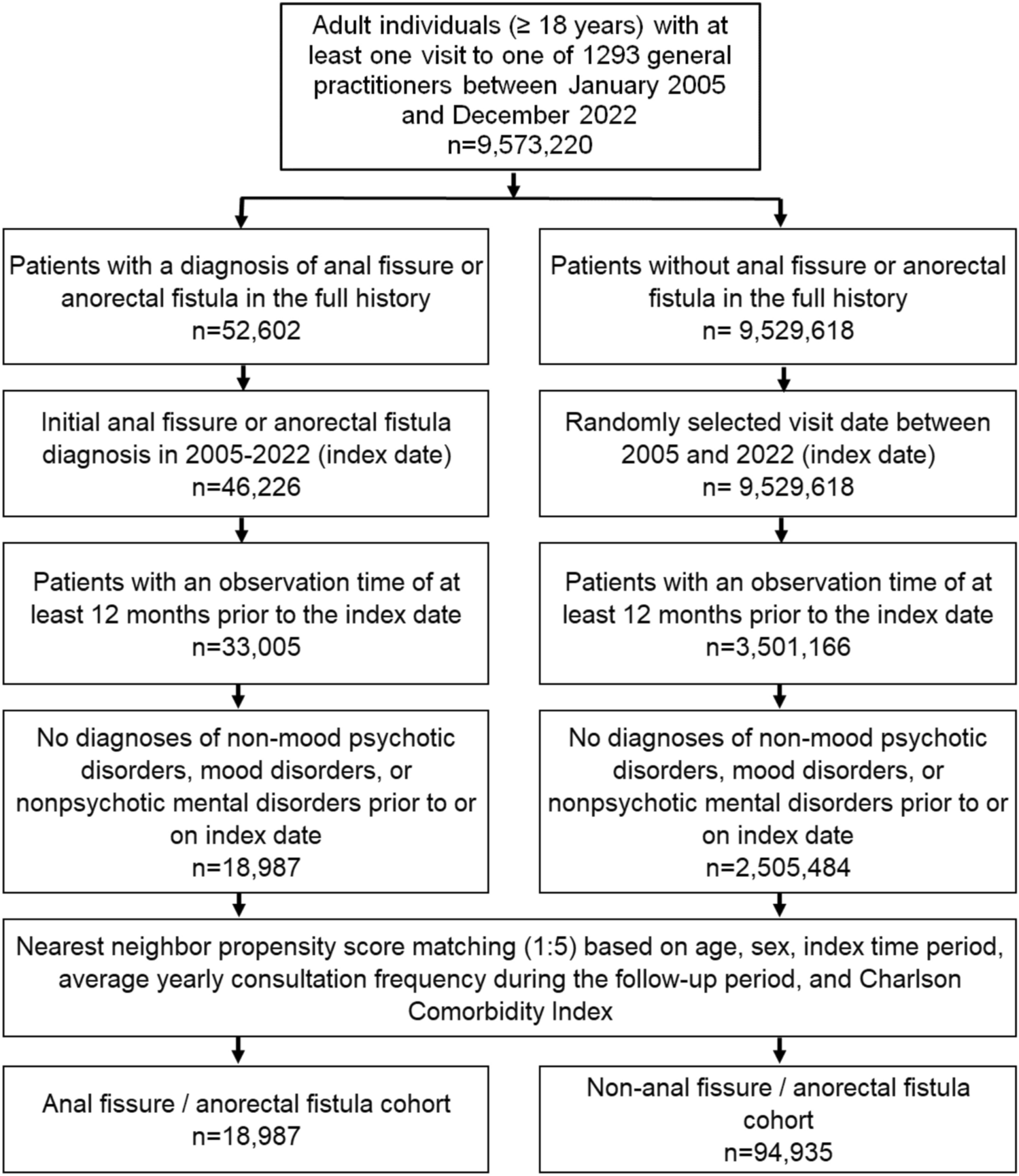 Depression in patients with anorectal fistulas and anal fissures: a propensity score-matched cohort study