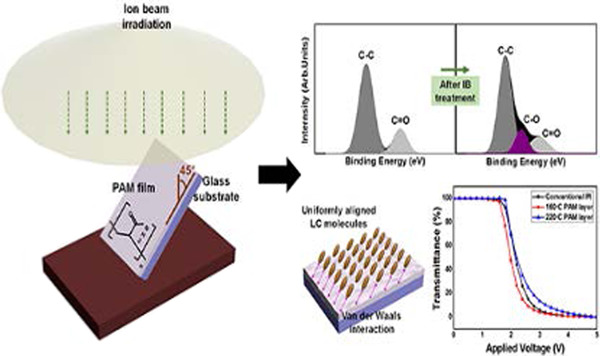 Physicochemically modified anisotropic polyacrylamide thin film via ion‐beam treatment for liquid crystal system