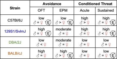 Sex differences in avoidance behavior and cued threat memory dynamics in mice: Interactions between estrous cycle and genetic background